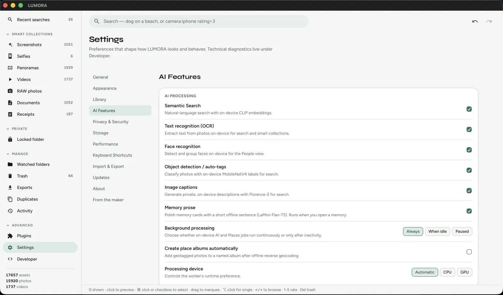 LUMORA AI features settings