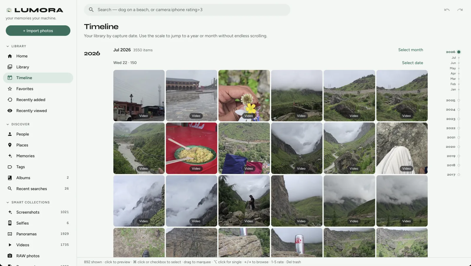 LUMORA timeline browsing photos by capture date